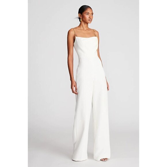 HALSTON Brea Ruched Chain-strap Crepe Jumpsuit in Chalk Size US 4 - Picture 10 of 13